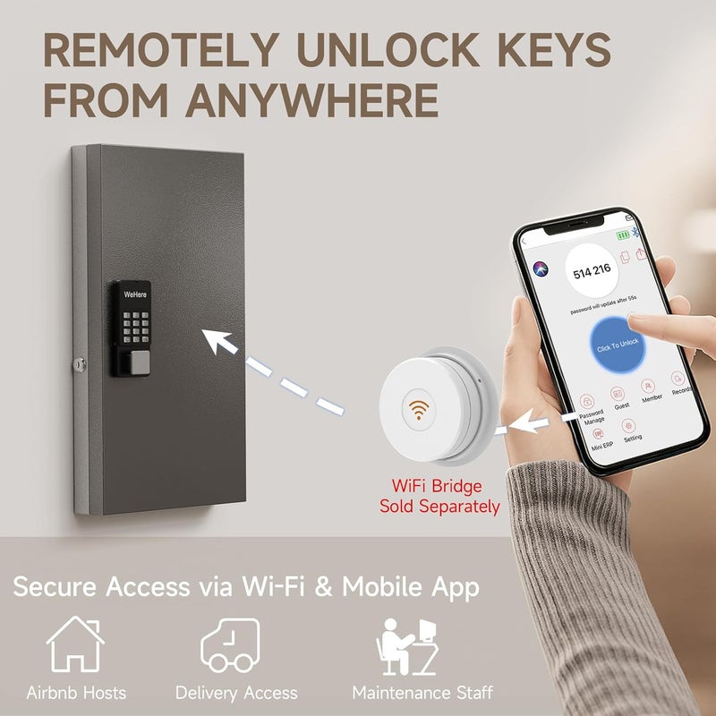 WeHere 48 Key Lock Box Wall Mount, APP Bluetooth/OTP/Wi-Fi/Fixed Code/Key Unlock, Smart Key Cabinet with Key Tag, Key Organizer Holder Box, Key Management Directory for Office, Valet, Realtor, Hotel - Image 5